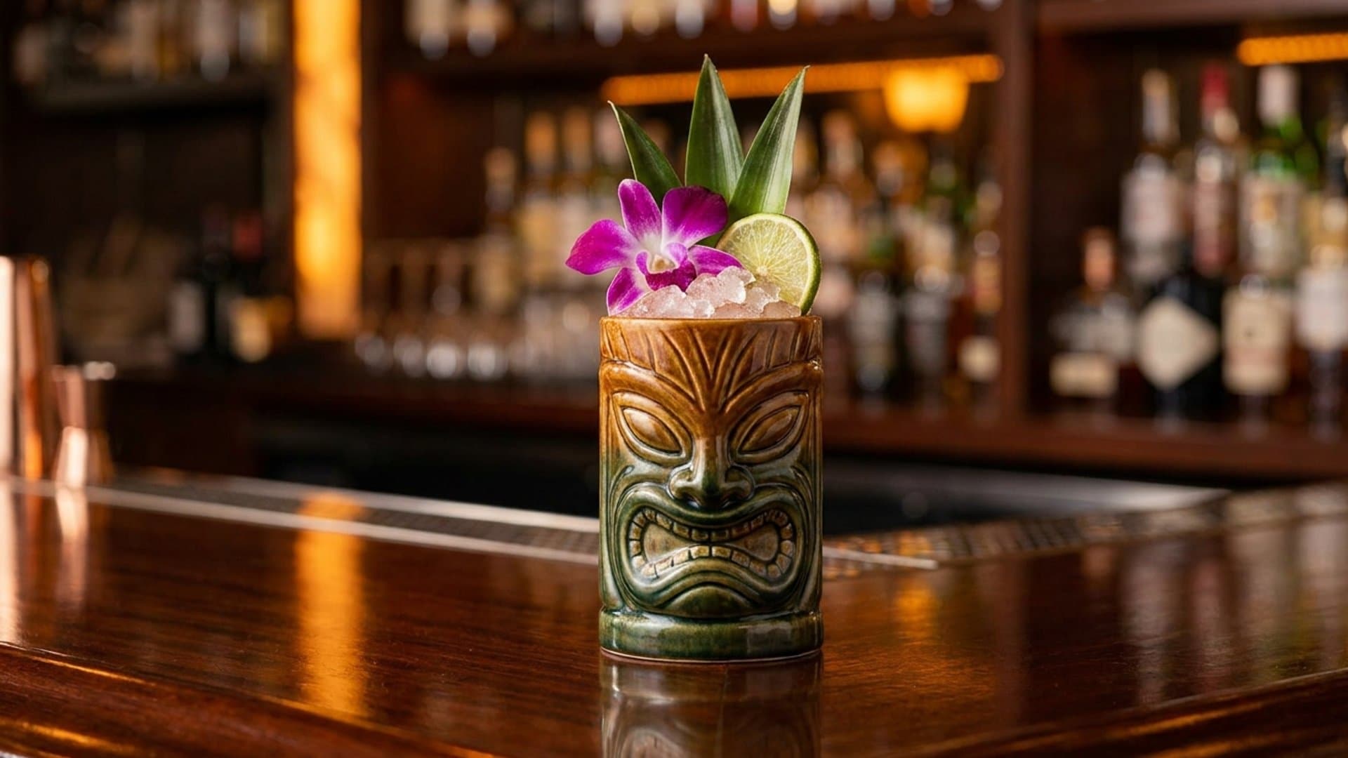 Island Drift cocktail in a tiki mug garnished with edible orchid, lime wheel, and fresh pineapple leaves