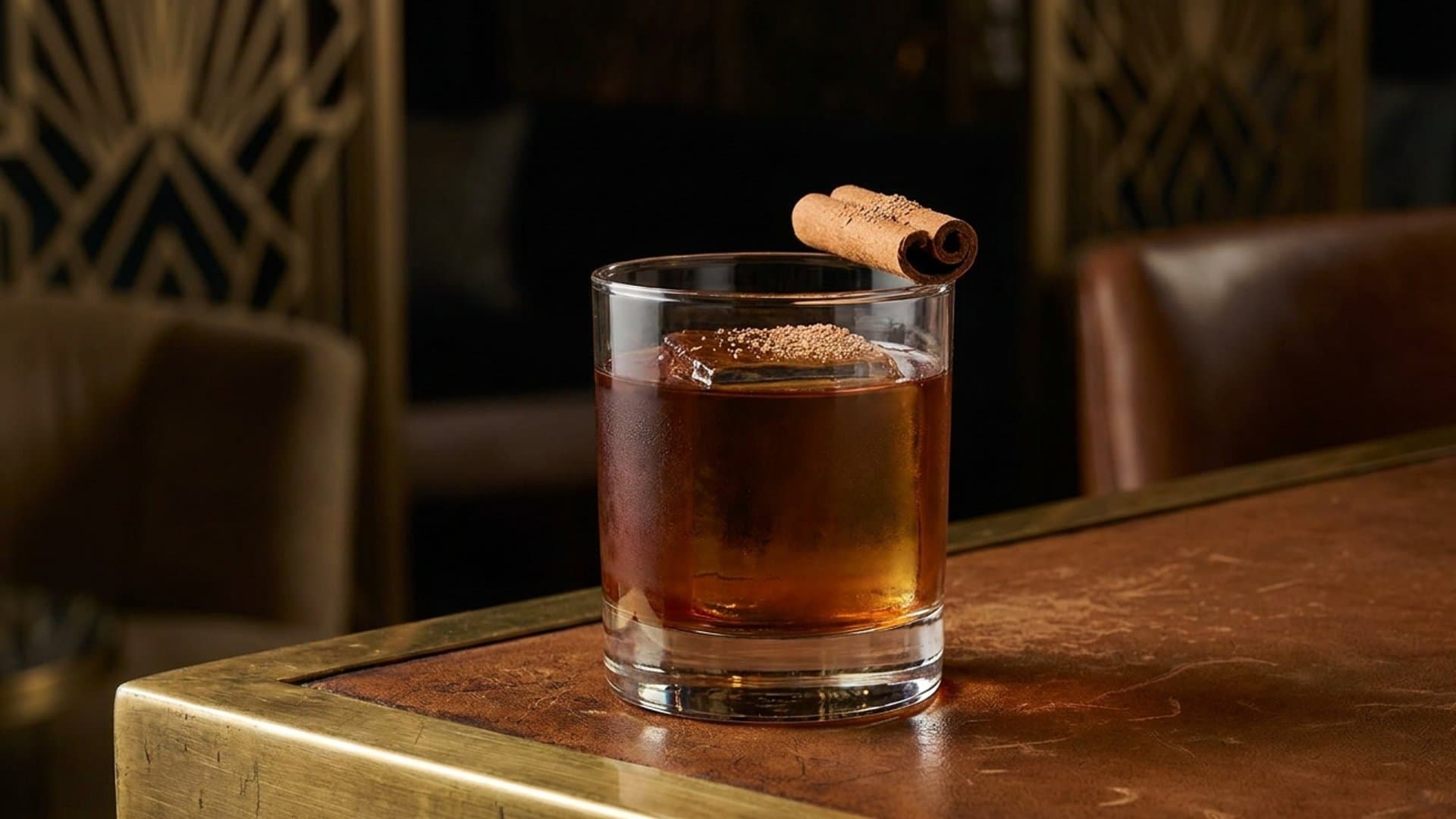 Autumn Hearth cocktail in a rocks garnished with cinnamon stick and freshly grated nutmeg
