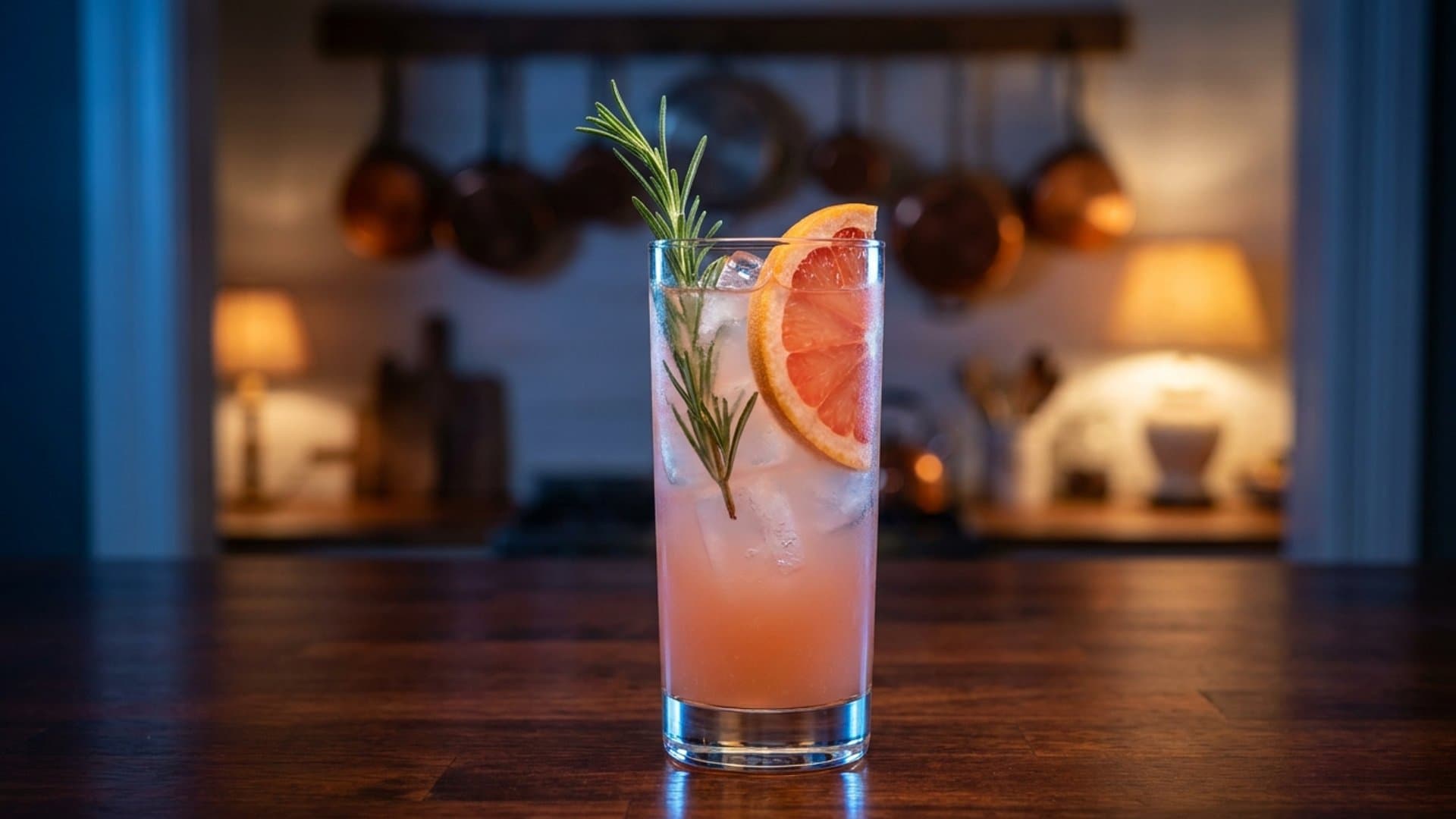 Rosemary Garden Spritz cocktail in a highball garnished with Fresh rosemary sprig and grapefruit wheel