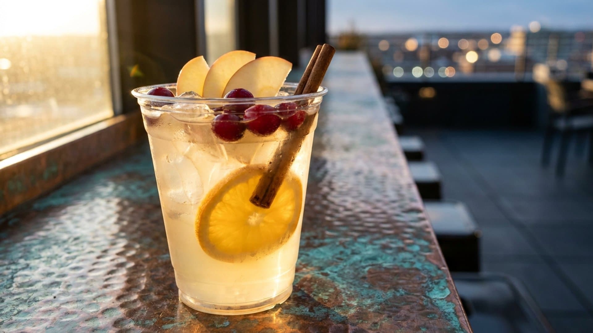 Autumn Harvest Punch cocktail in a punch cup or rocks glass garnished with Apple slices, fresh cranberries, cinnamon sticks, and orange wheels in the bowl