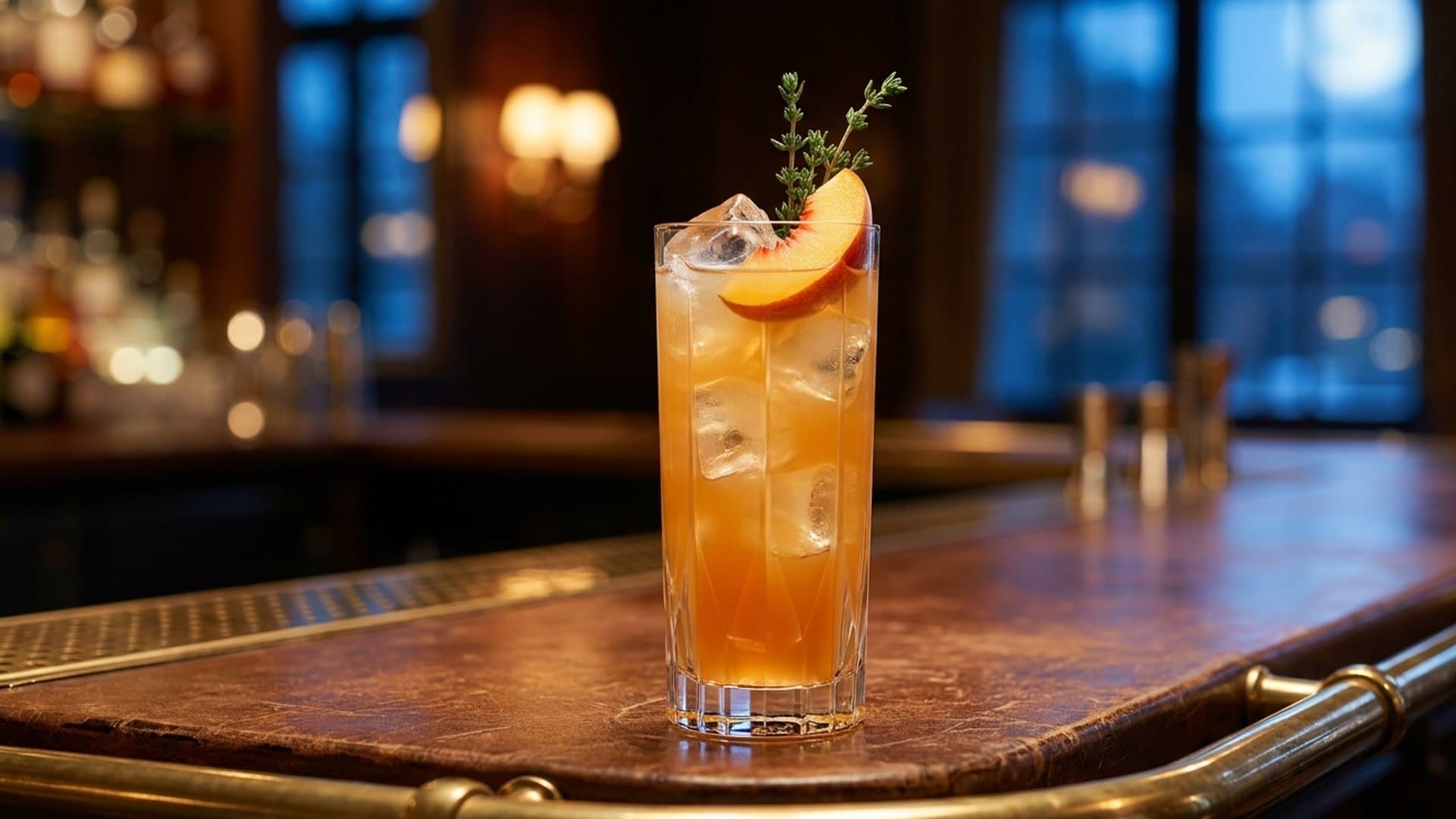 Orchard Sunset cocktail in a Collins garnished with Fresh peach or plum slice, optional sprig of fresh thyme