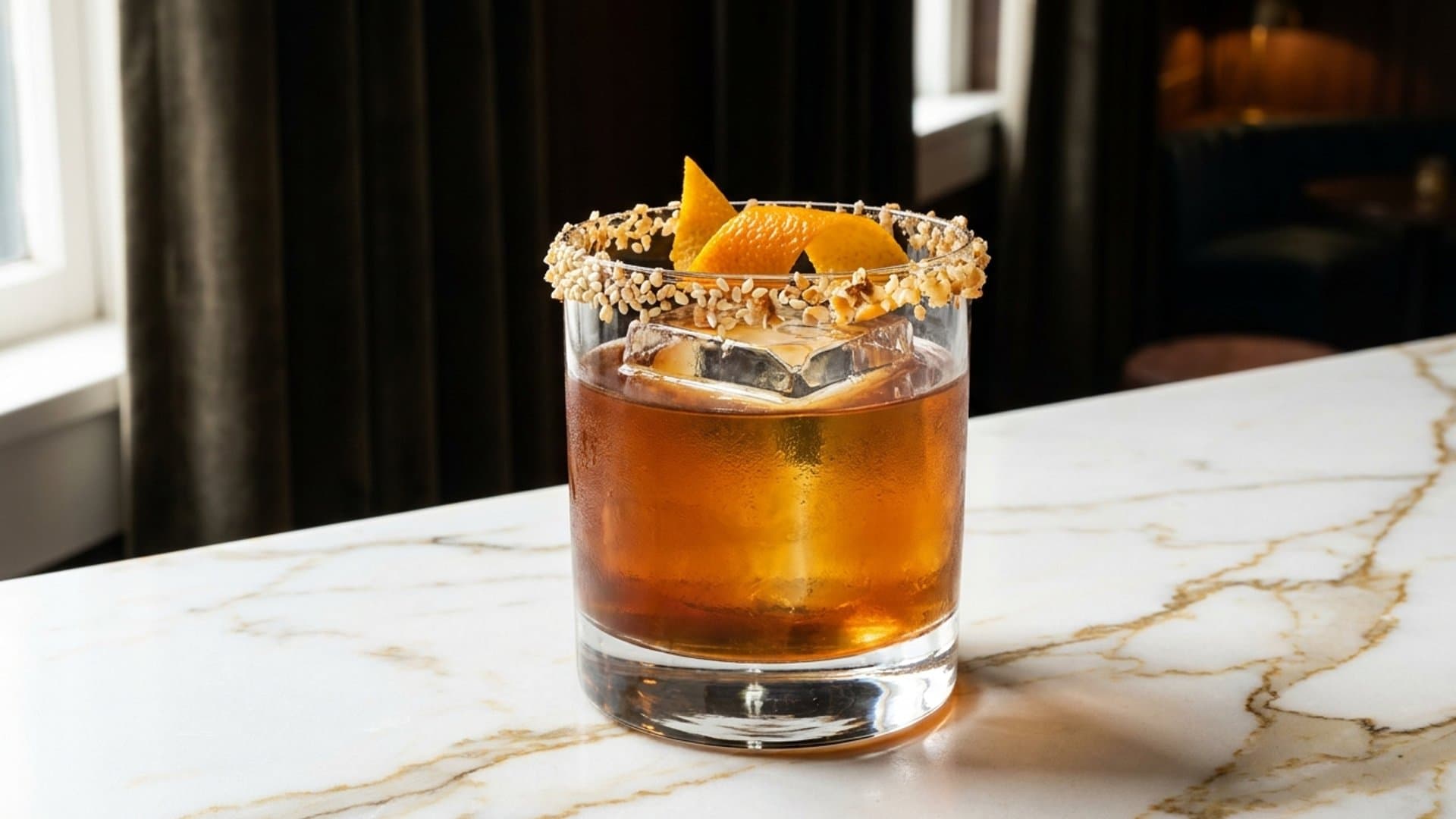 Umami Negroni cocktail in a rocks garnished with expressed orange peel or toasted sesame rim with candied walnut