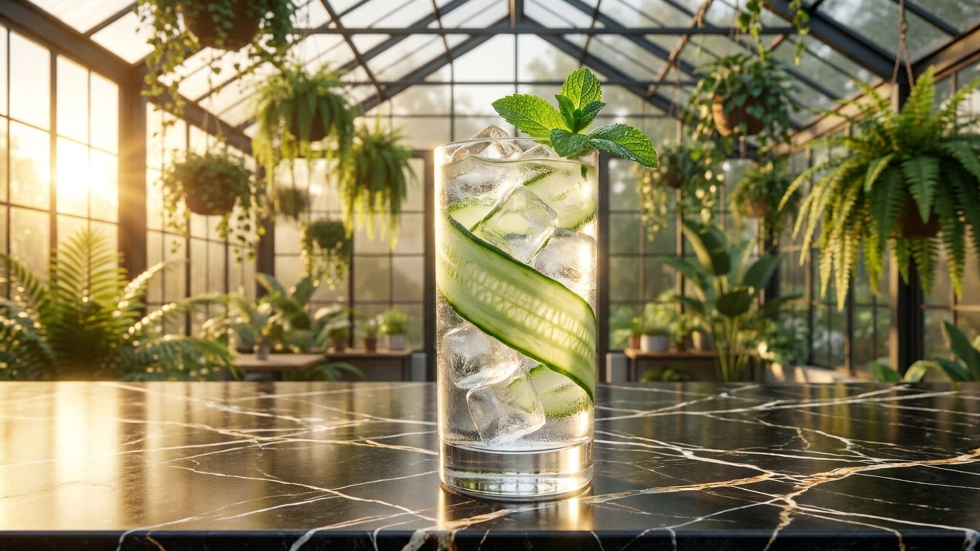 Garden Frost cocktail in a highball garnished with cucumber ribbon and mint sprig
