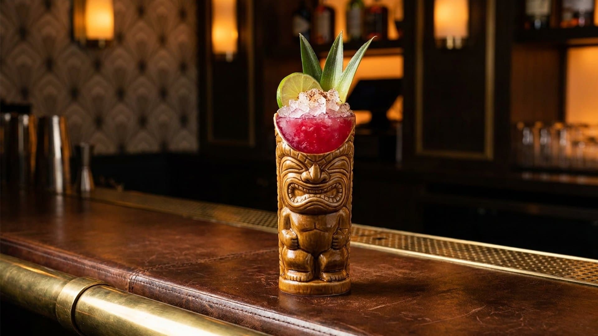 Island Fire cocktail in a tiki mug or double rocks glass garnished with lime wheel, fresh pineapple frond, freshly grated nutmeg