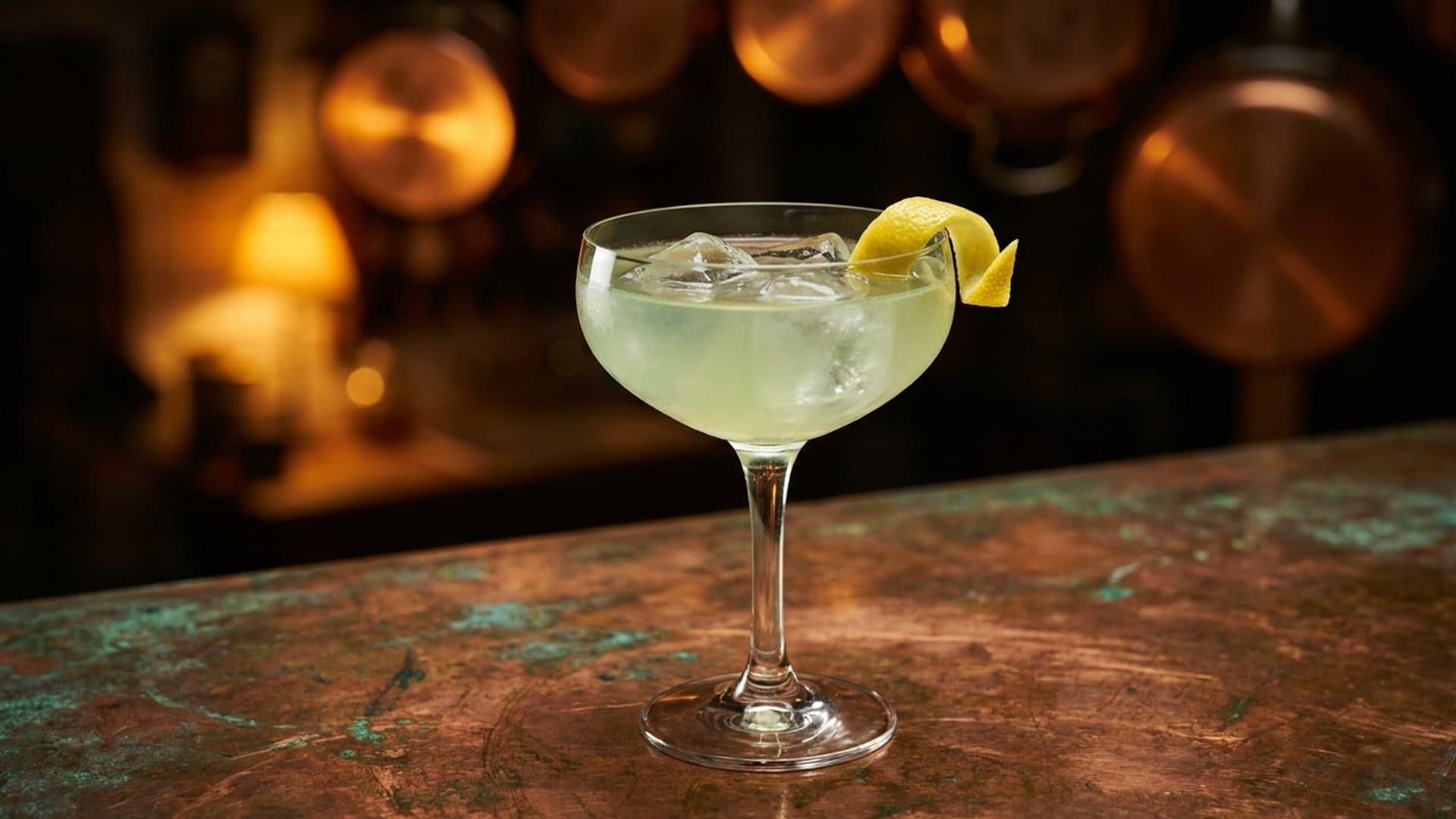 The Bee's Knees Royale cocktail in a coupe garnished with lemon twist