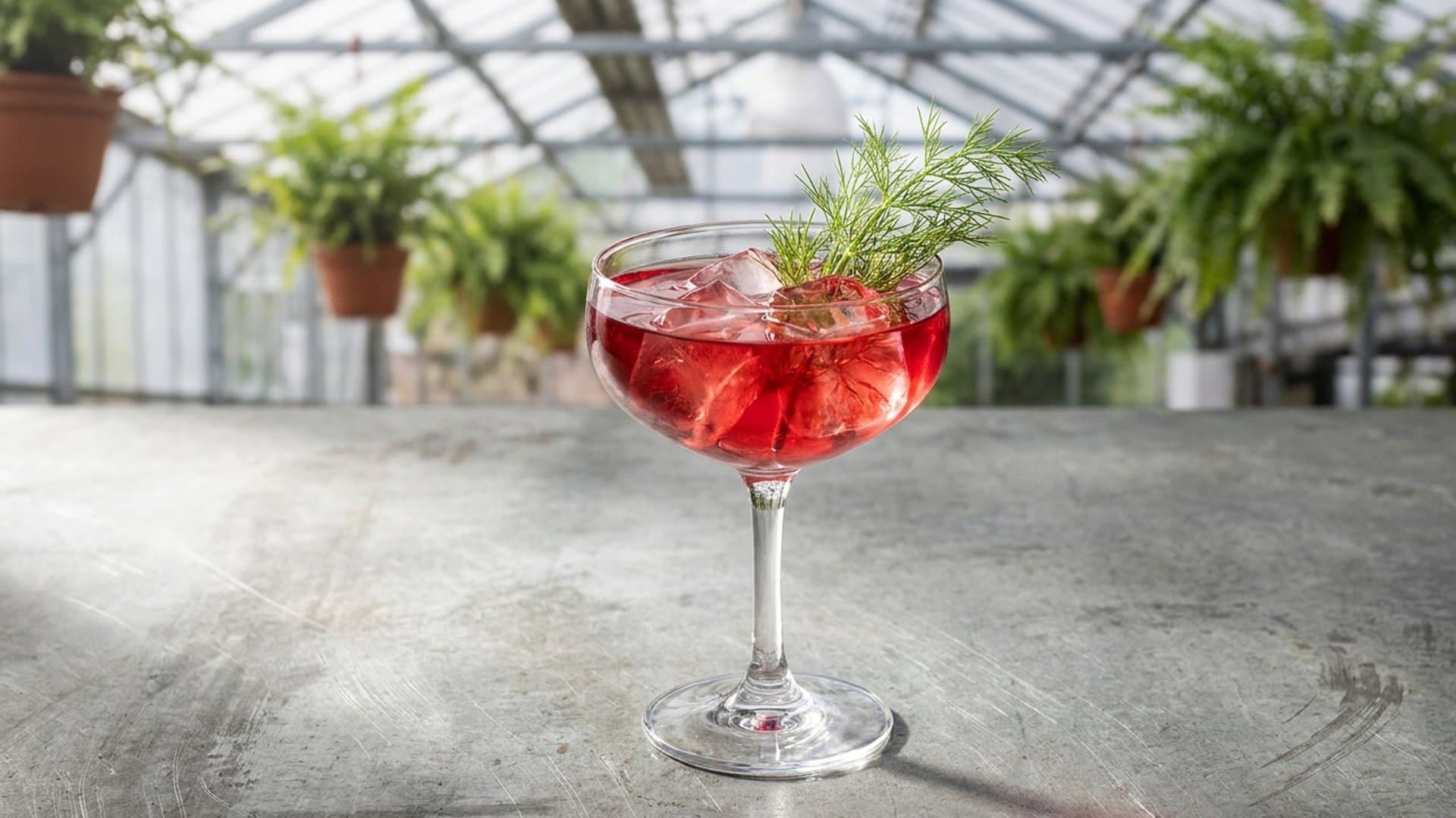 Crimson Earth cocktail in a coupe garnished with fennel frond
