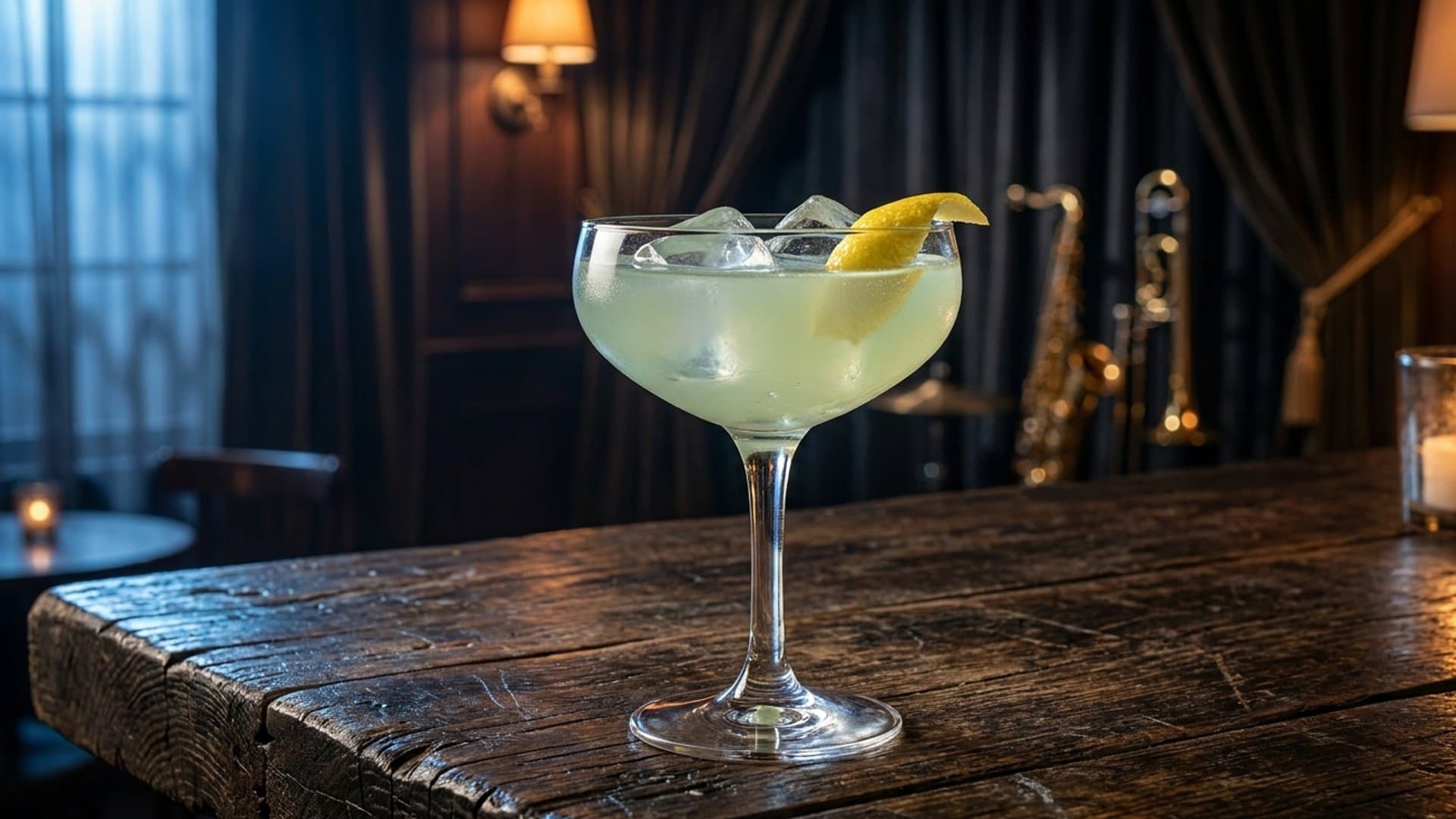 The Sterling cocktail in a coupe garnished with lemon peel