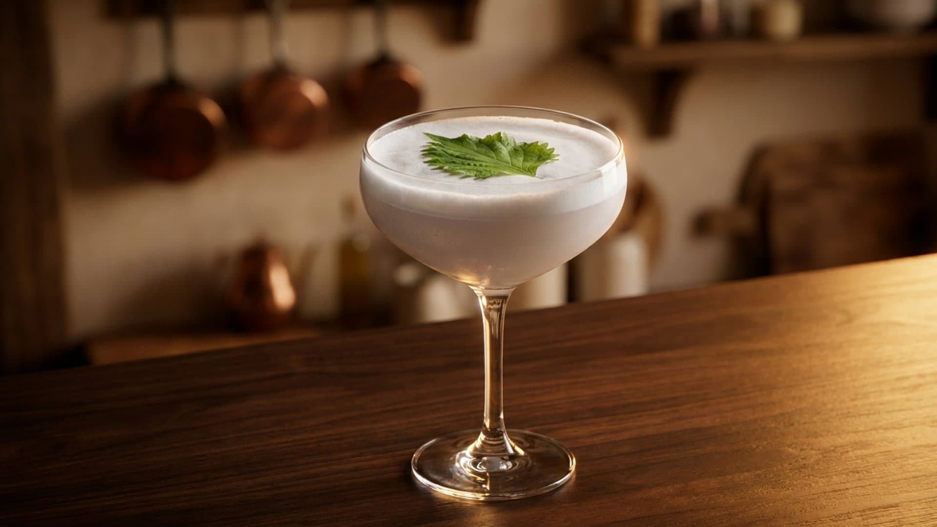 Purple Haze cocktail in a coupe garnished with Fresh shiso leaf floated on top