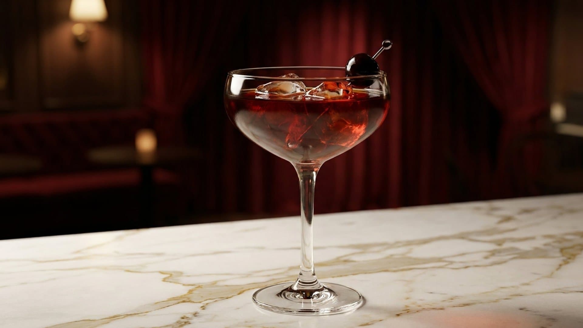 Antilles Nocturne cocktail in a coupe garnished with Brandied cherry