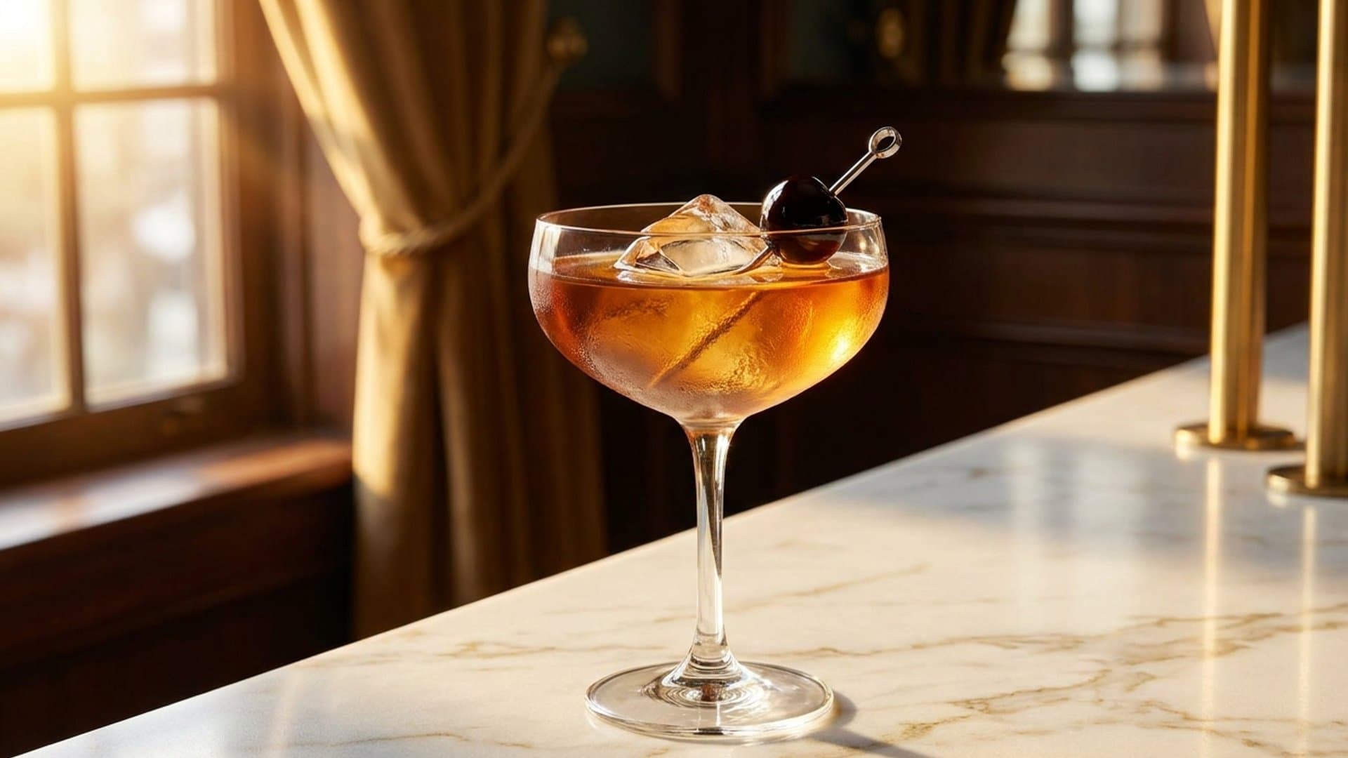 The Fifth Avenue Manhattan cocktail in a coupe garnished with Luxardo cherry