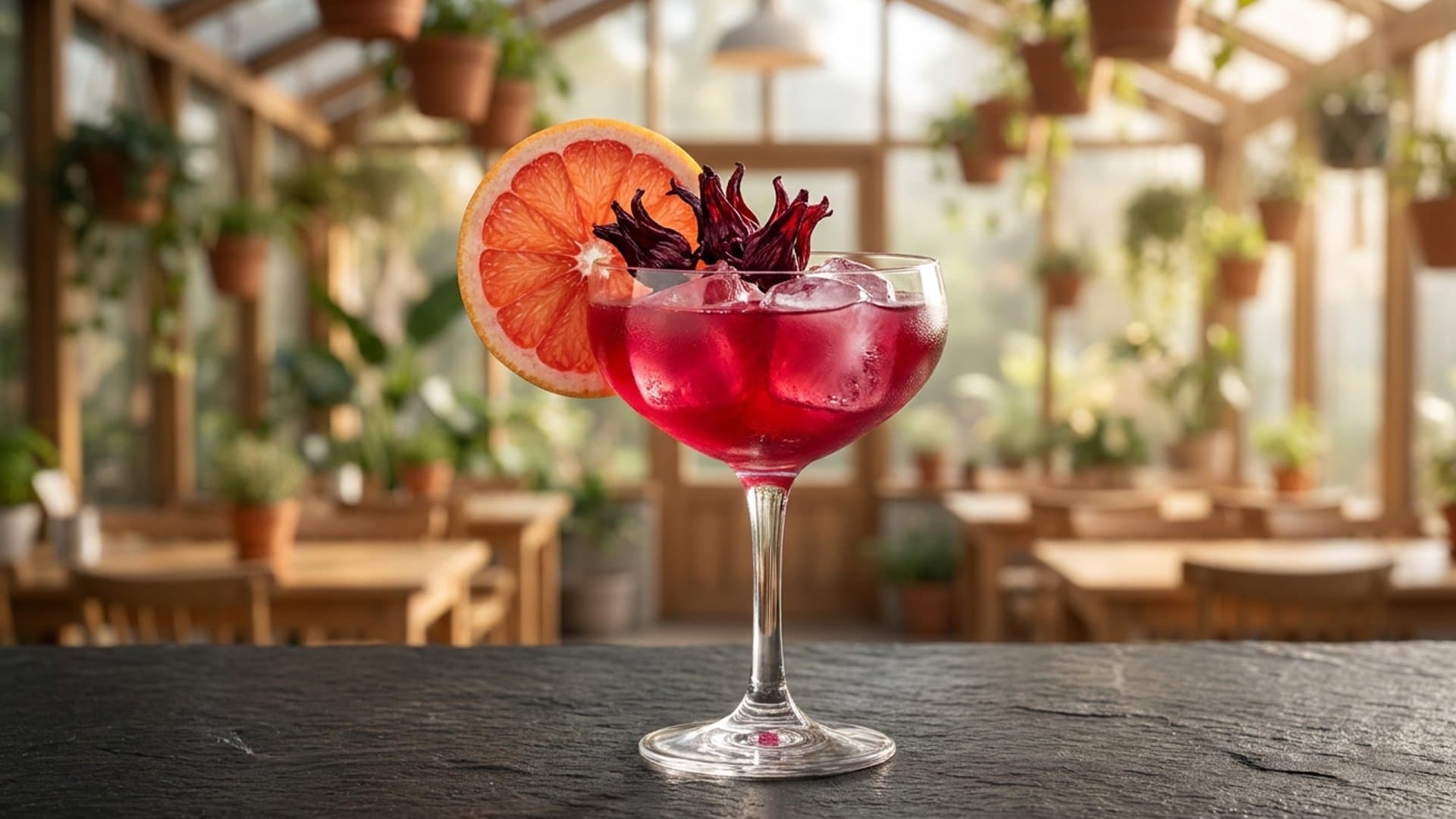 Fiesta Rosa cocktail in a coupe garnished with grapefruit wheel and dried hibiscus flower