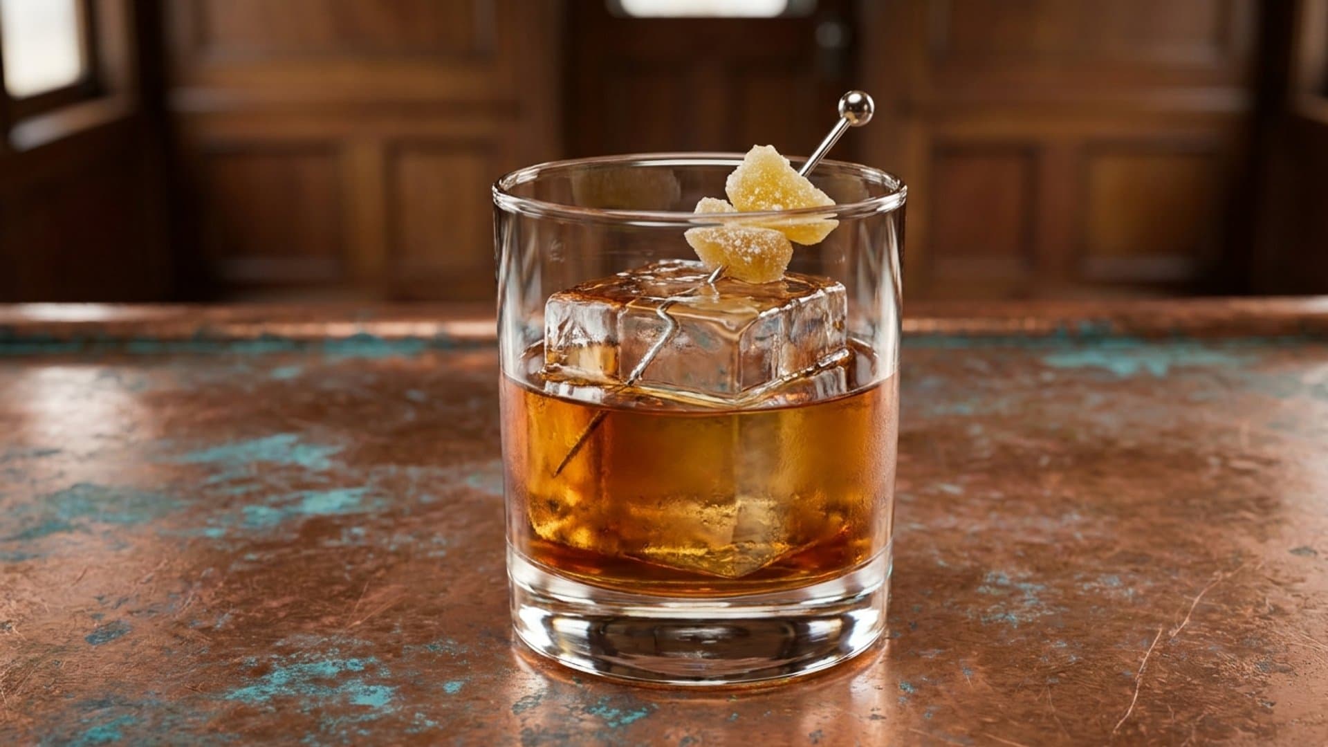 Ginger Throne cocktail in a rocks garnished with candied ginger on a pick