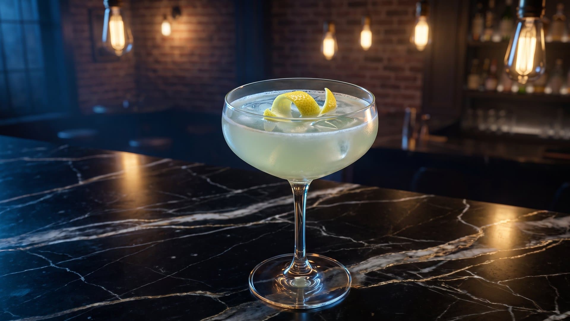 The Midnight Rendezvous cocktail in a coupe garnished with lemon peel