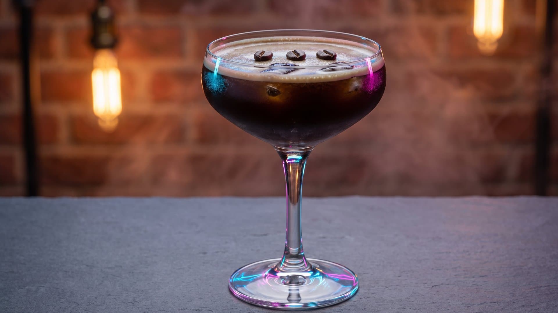 Nocciola Espresso cocktail in a coupe garnished with 3 espresso beans arranged in a line