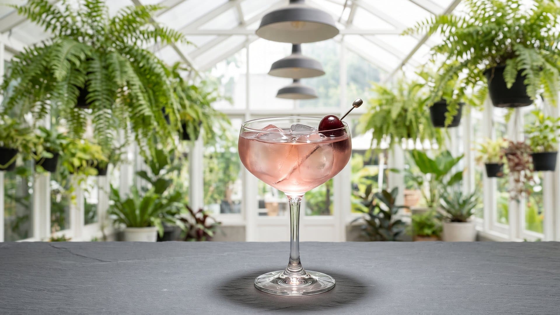 The Fromager cocktail in a coupe garnished with brandied cherry