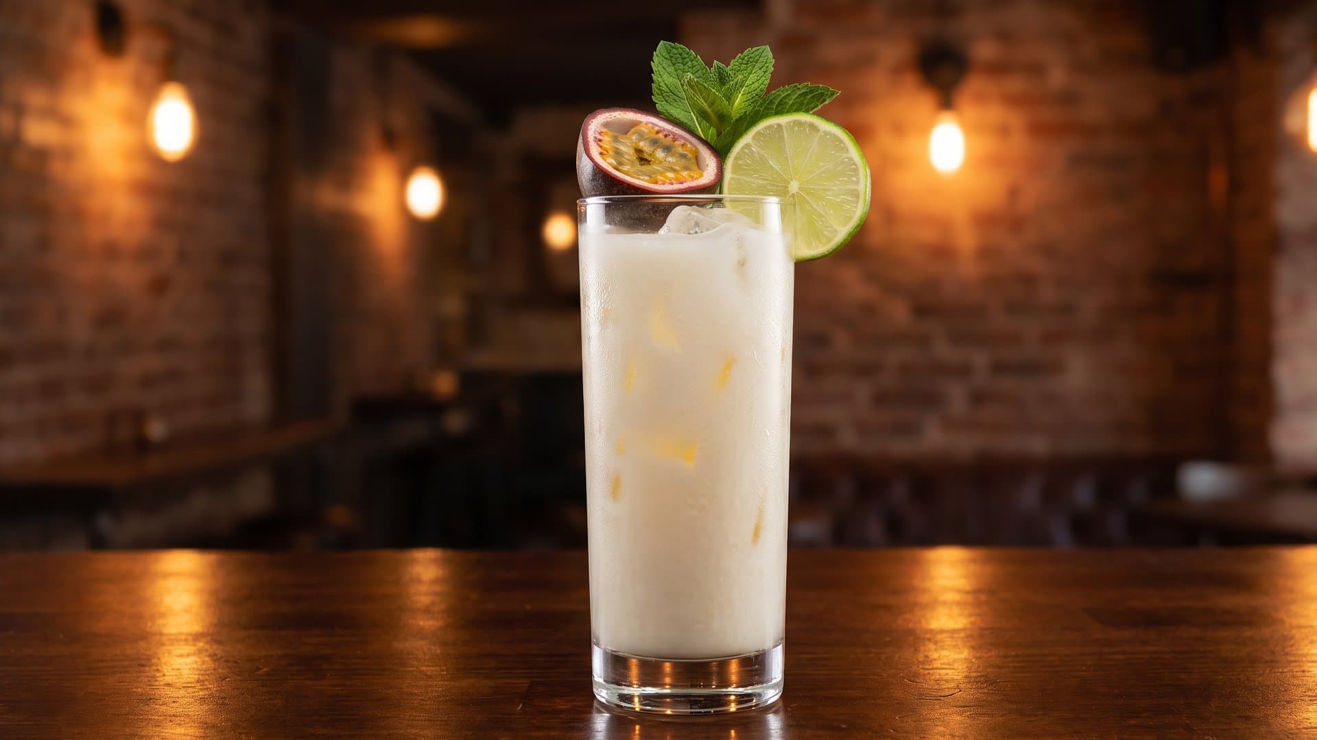 Tropical Sunset Fizz cocktail in a highball garnished with Passion fruit half and lime wheel, or fresh mint sprig