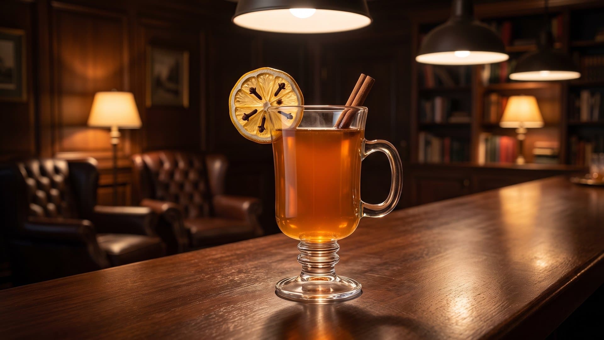 Fireside Toddy cocktail in a Irish coffee mug or toddy glass garnished with Lemon wheel studded with cloves and a cinnamon stick
