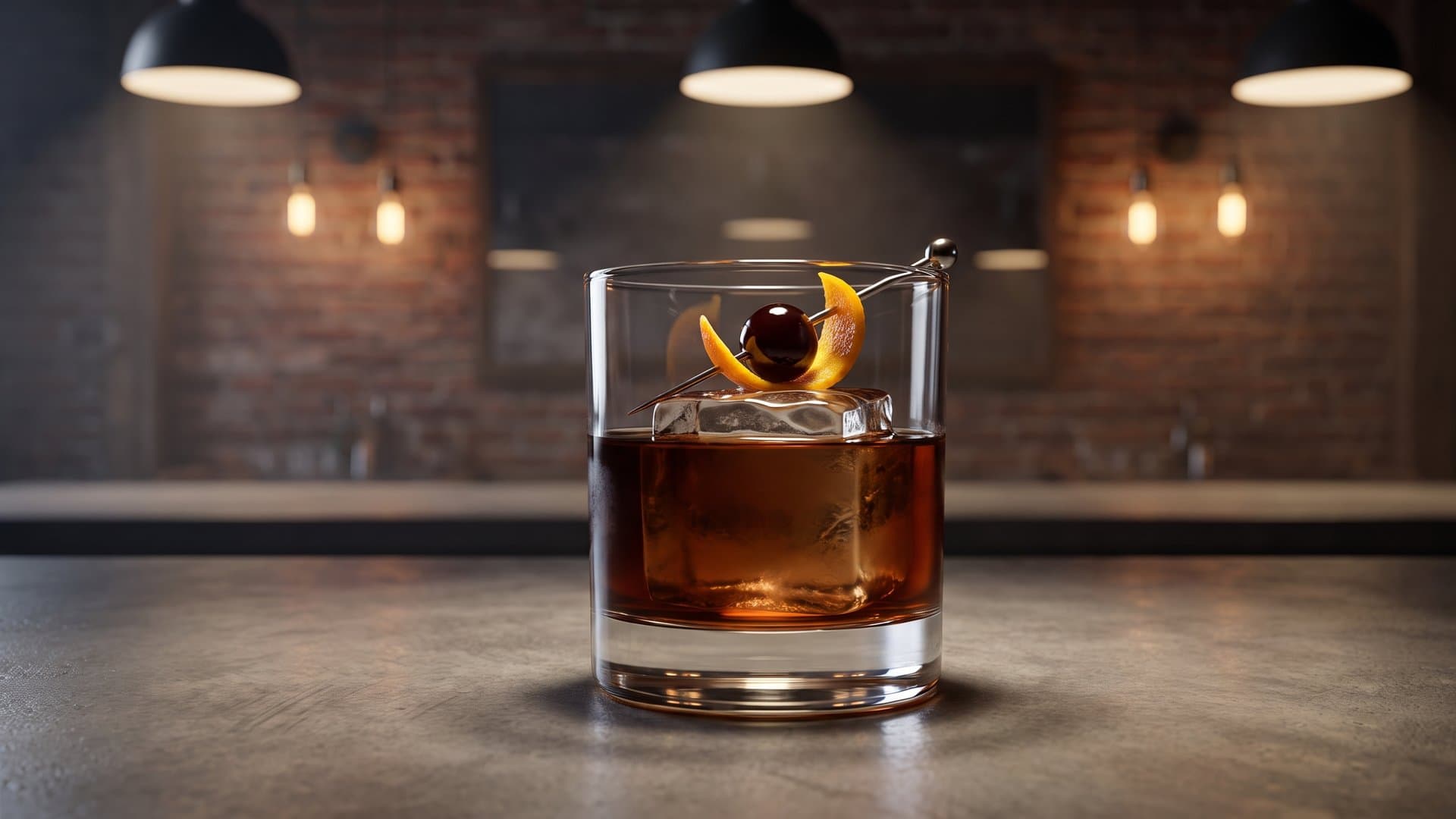 Backstage Pass cocktail in a double old-fashioned garnished with brandied cherry and orange peel twist