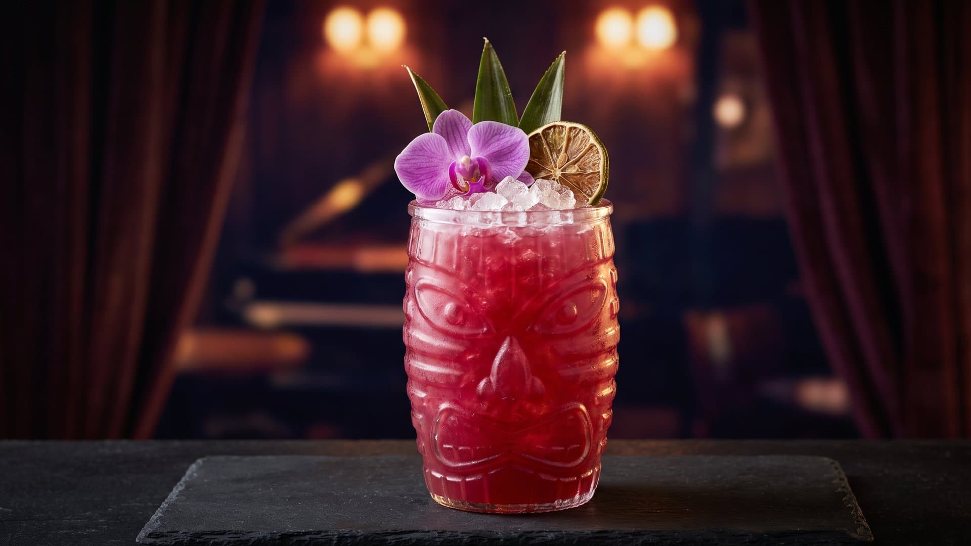 Golden Isle Reverie cocktail in a tiki mug or double old fashioned garnished with edible orchid, pineapple fronds, and lime wheel
