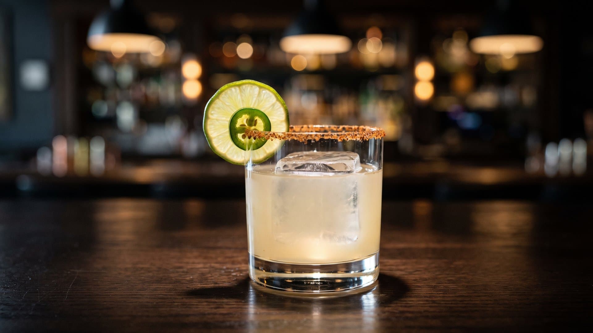 Jalapeño Fire Margarita cocktail in a rocks glass garnished with Lime wheel and fresh jalapeño slice, optional Tajín rim