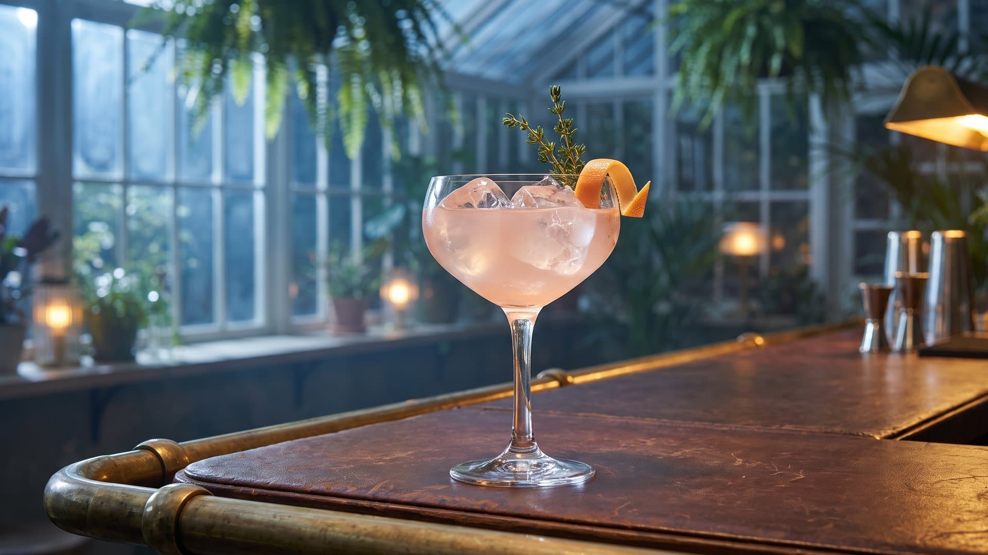 Green Morning Spritz cocktail in a coupe garnished with fresh thyme sprig and expressed grapefruit twist