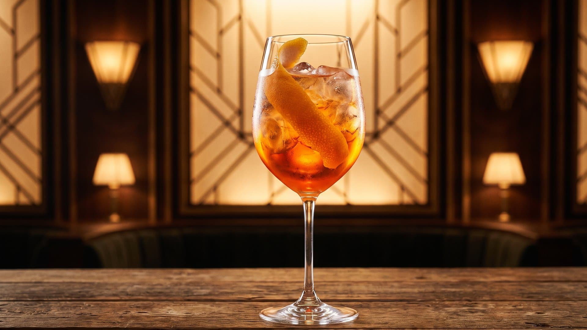 Sunset Frizzante cocktail in a large wine glass garnished with grapefruit peel twist