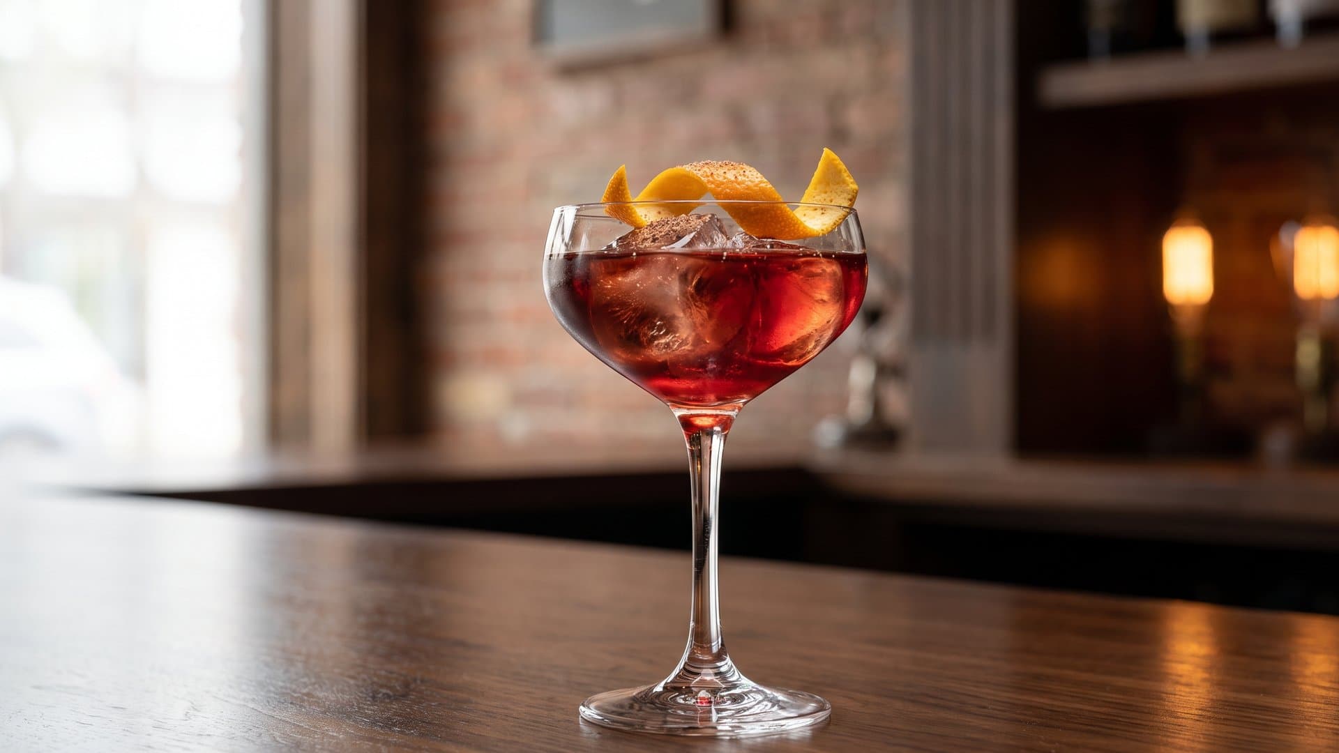 Velvet Repose cocktail in a nick & nora garnished with orange peel and freshly grated nutmeg