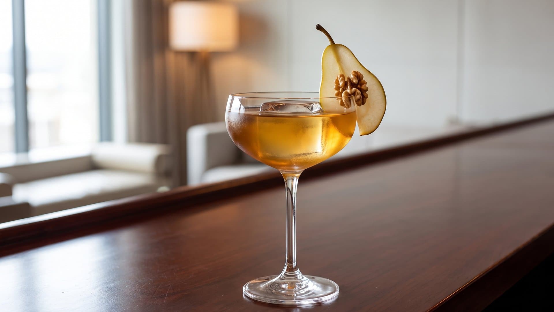 Orchard & Oak cocktail in a coupe garnished with Thin pear slice and walnut half