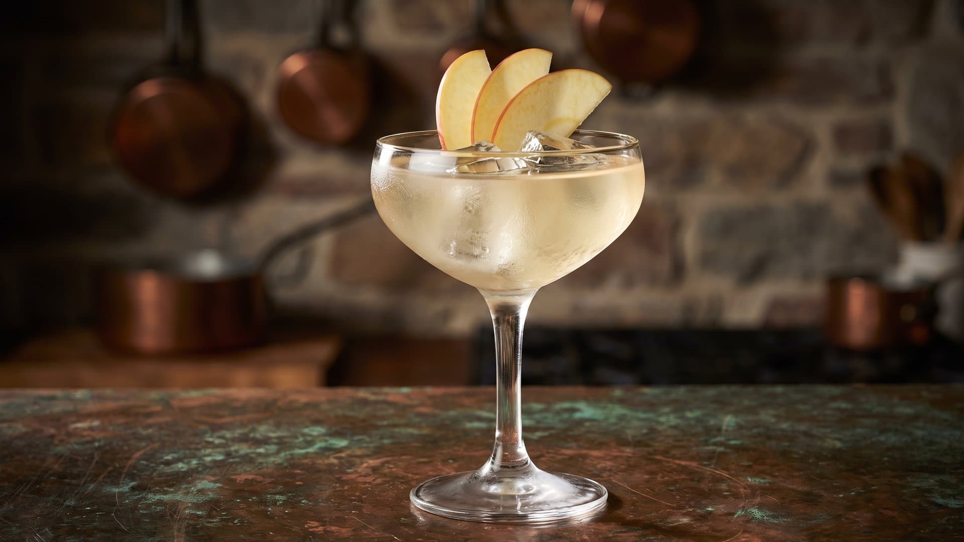 Autumn Orchard cocktail in a coupe garnished with thin apple slice fanned across the rim