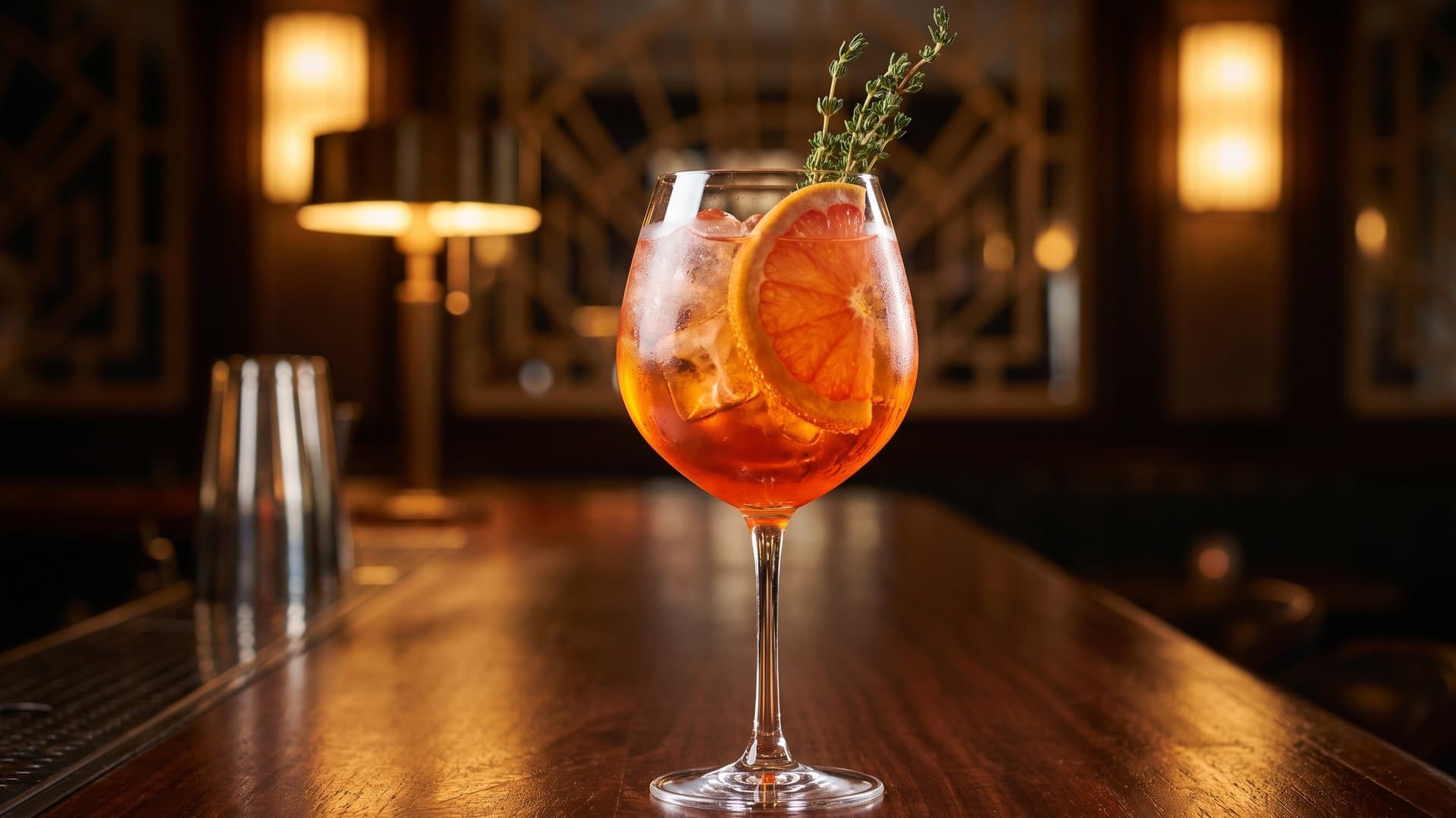 Golden Hour Blush cocktail in a large wine glass garnished with grapefruit wheel and fresh thyme sprig