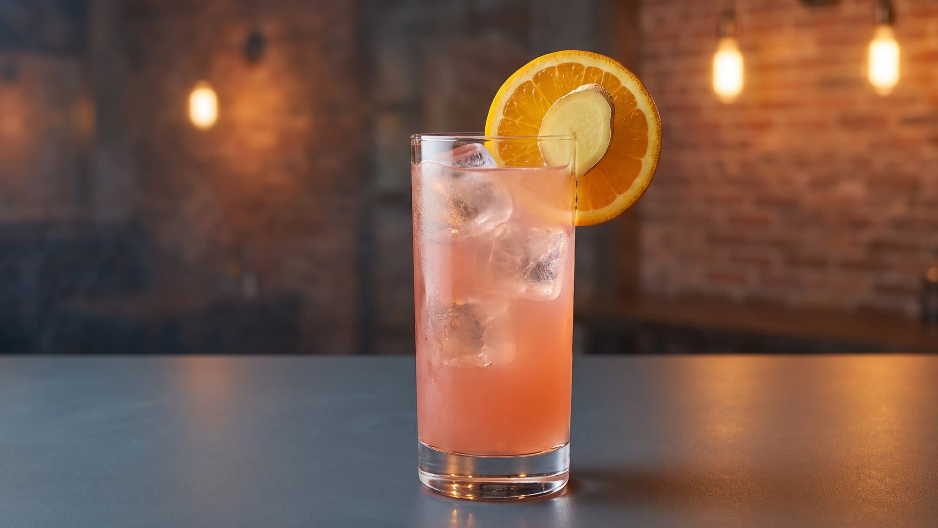 Grove & Ginger Tonic cocktail in a highball garnished with Orange wheel and thin slice of fresh ginger
