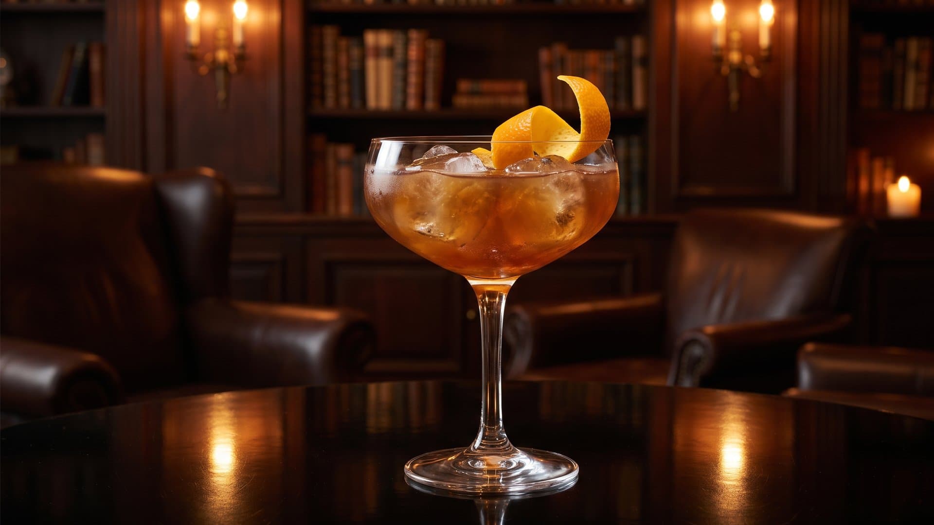 Andalusian Afternoon cocktail in a coupe garnished with orange peel twist