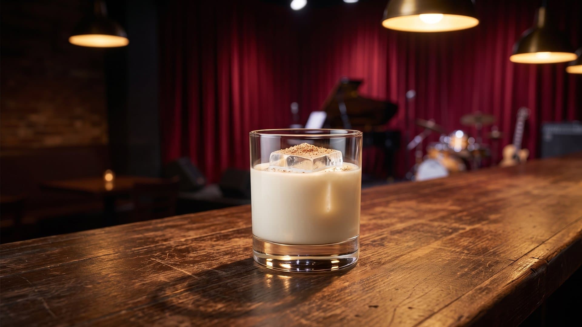 The Graveyard Shift cocktail in a coupe or rocks glass garnished with freshly grated nutmeg