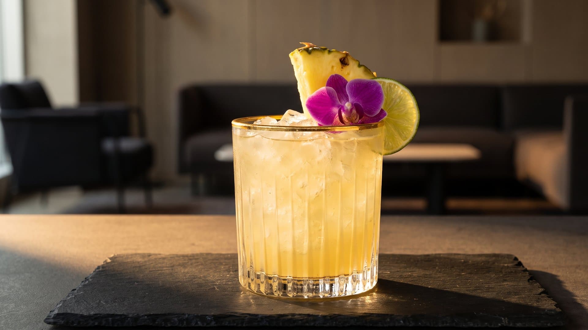 Sol Sister cocktail in a rocks glass or tiki mug garnished with pineapple wedge, edible flower, and lime wheel
