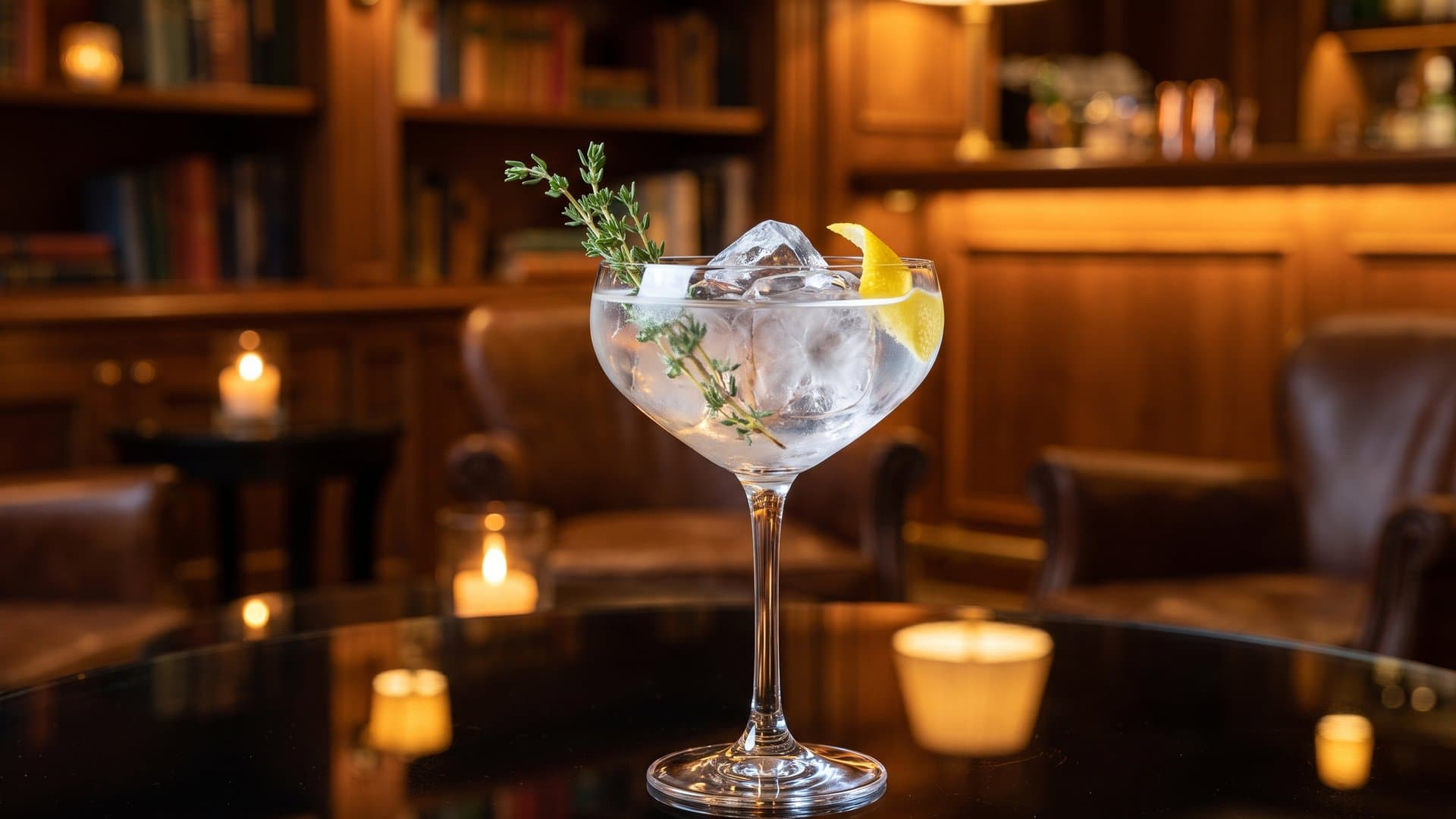 Bitter Garden cocktail in a coupe garnished with Fresh thyme sprig and expressed lemon peel