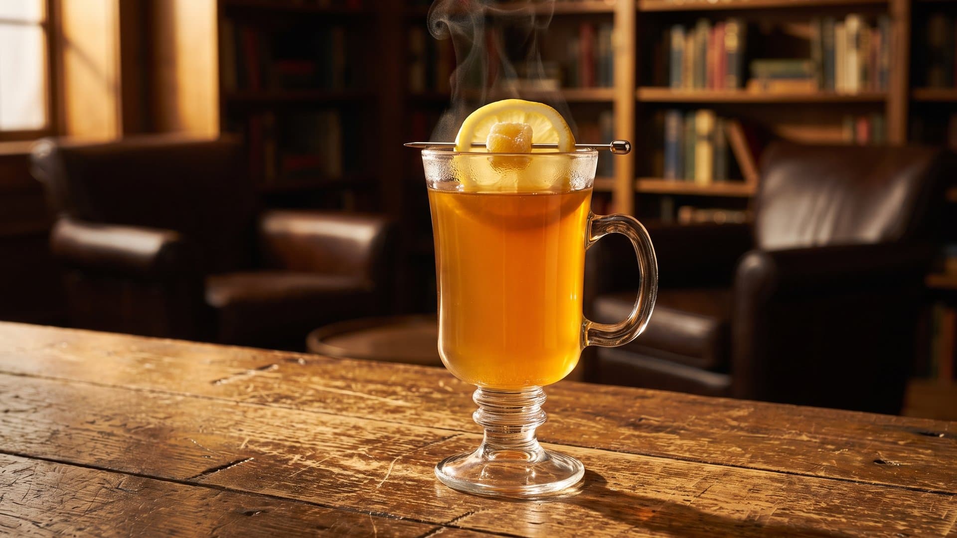 Fireside Reverie cocktail in a Irish coffee glass or toddy mug garnished with Lemon wheel and candied ginger on a pick