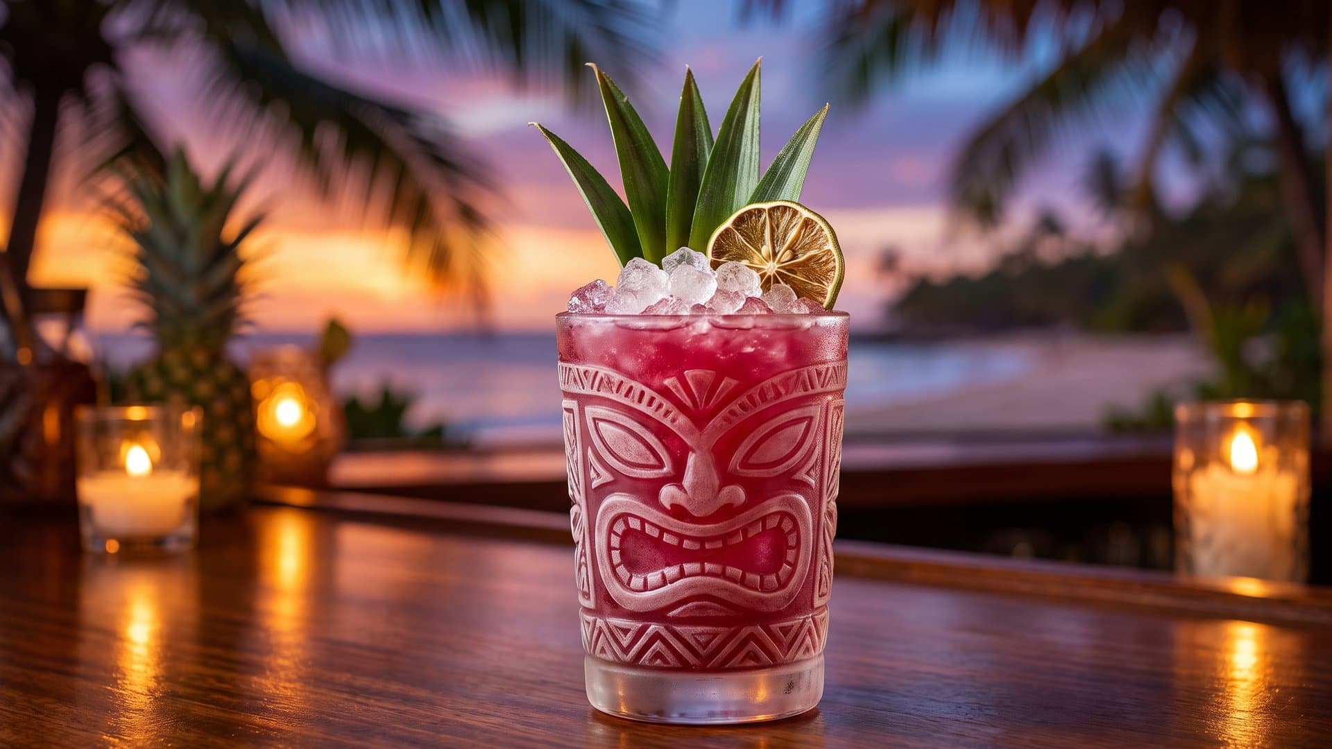 Trade Wind Escape cocktail in a coupe or tiki mug garnished with pineapple fronds and lime wheel
